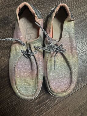 Hey Dude Women’s Glitter Moccasins in Pastel Rainbow